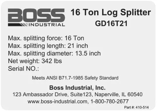 16-Ton Log Splitter Warning Decal (Part #410-514)