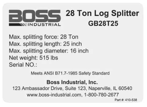 Boss 28-Ton Model Specifications Decal (410-538)