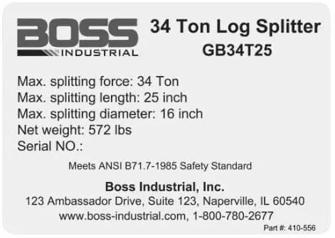 Boss 34-Ton Model Specifications Decal (410-556)