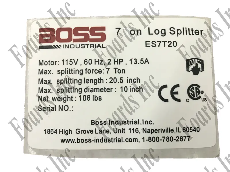 Boss Log Splitter Specifications Decal (410-561)