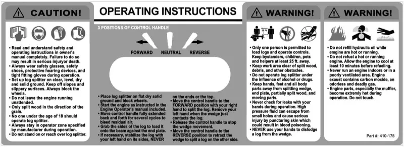 Operator Instructions Decal for Machinery (Part #410-175)