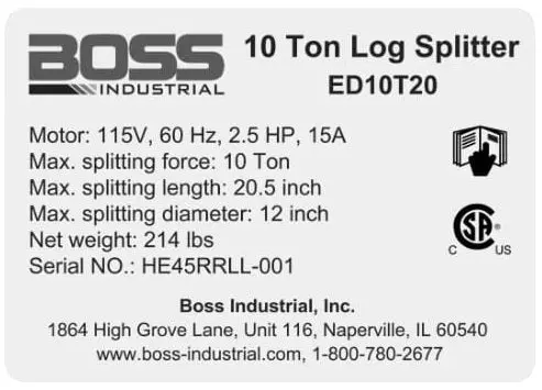 Universal Boss Log Splitter Specs Decal (410-533)