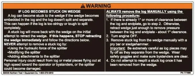 Vertical Stuck Log Alert Decal for Log Splitters